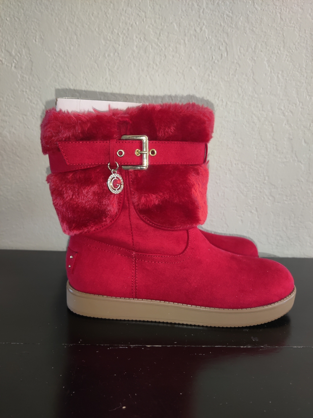 G By Guess Red Faux Fur Buckle Winter Adlea Boots